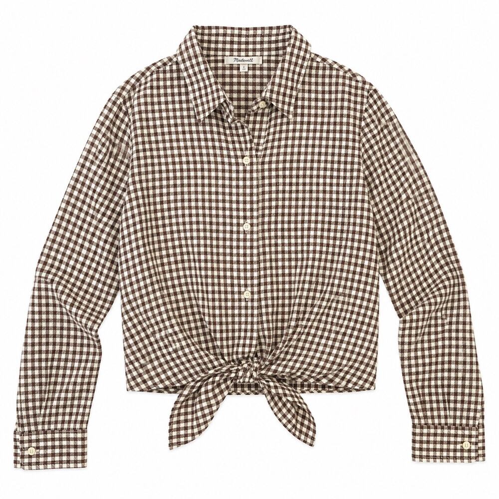 Madewell Brown & White Cotton Gingham Long Sleeve Tie Front Top. Women S